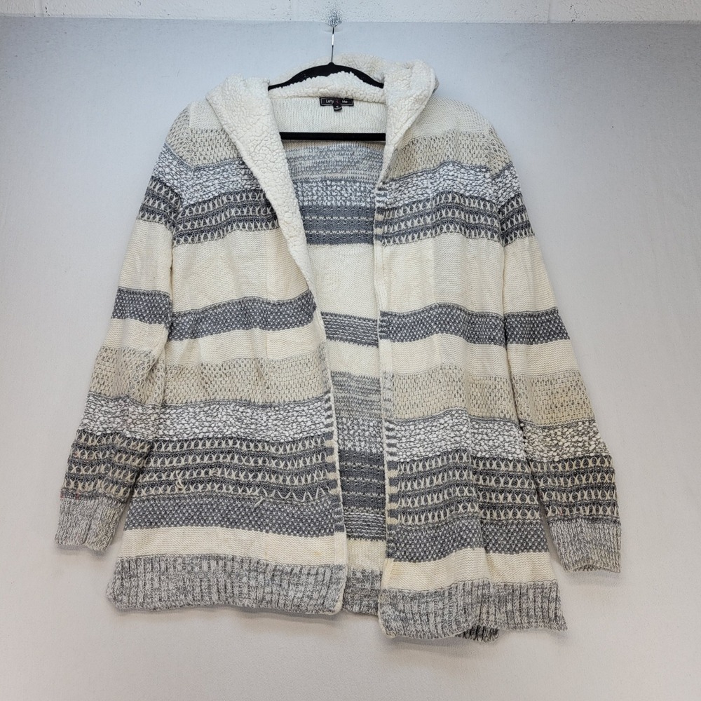 Lety & Me Cardigan Sweater Womens M Cream Gray Cozy Sherpa Hooded Open Front